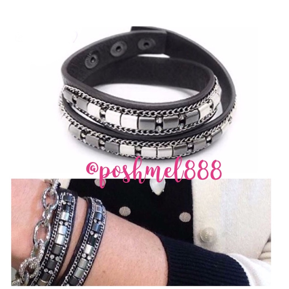 Stella & Dot | Black Leather Retired Cade Hematite+Silver Wrap